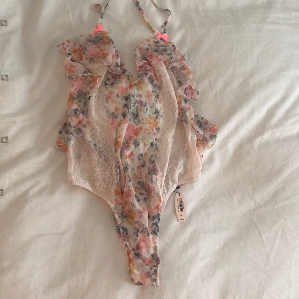 Victoria's Secret Floral Ruffle Lace Chemise Bodysuit in Pink & Multicolor